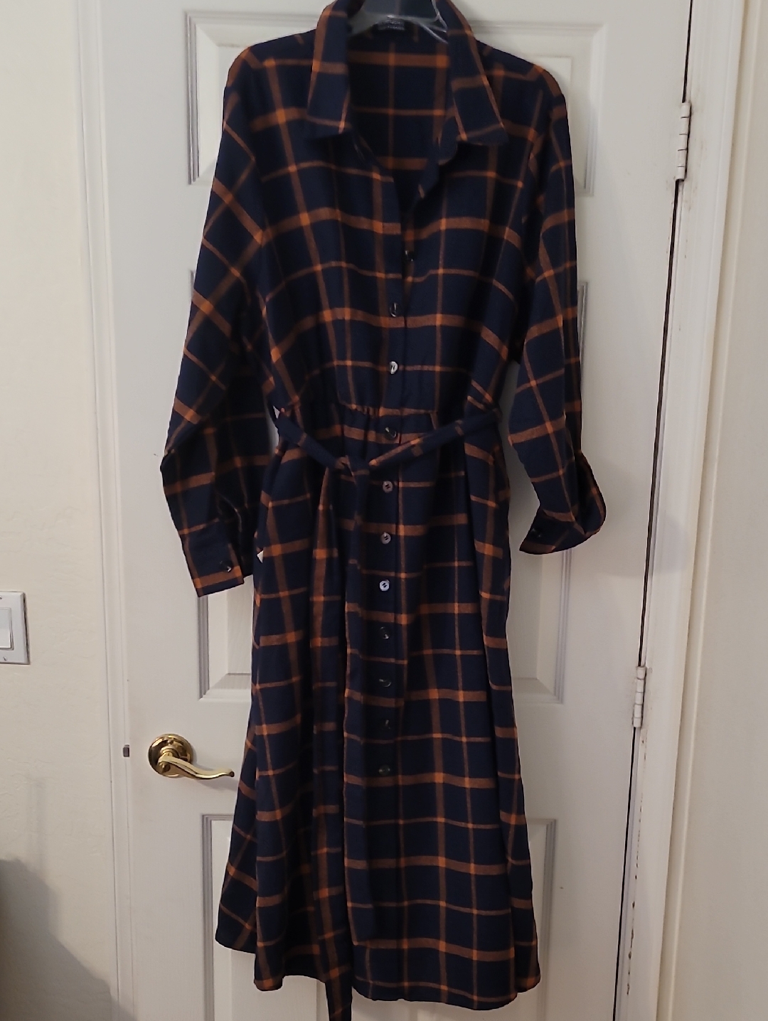 Bloomchic Navy And Orange Plaid Midi Shirt Dress With Belt